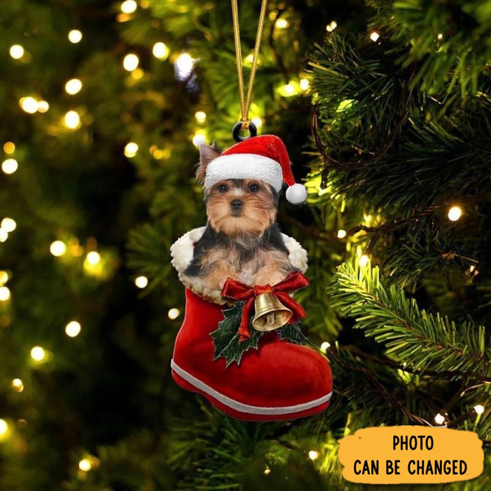 Personalized Yorkshire Terrier In Santa Boot Christmas Hanging Ornament Meaningful Birthday Ornament Gift