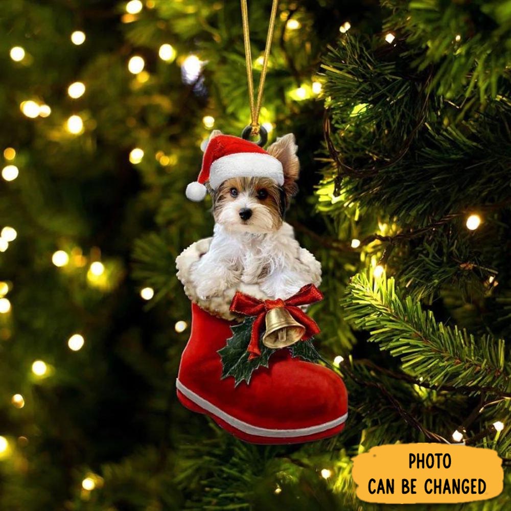 Personalized Yorkshire Terrier Parti In Santa Boot Christmas Hanging Ornament Adorable Easter Ornament Keepsake