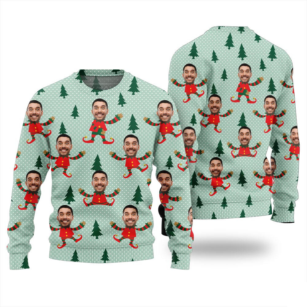 Personalized Your Face Elf Ugly Christmas Sweater Funny Holiday Sweater