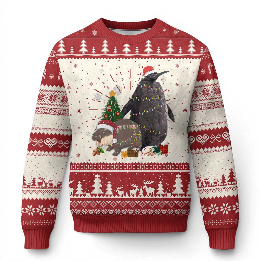 Pesto and Moo Deng Ugly Christmas Sweater Penguin And Hippo Themed Jumper Gift For Her