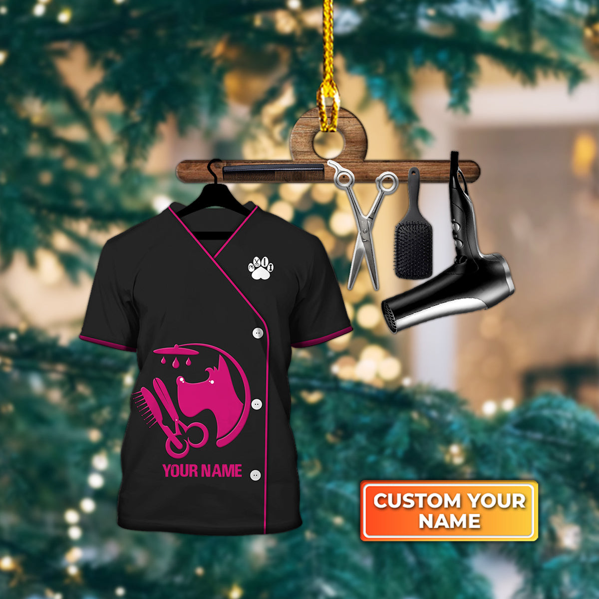 Pet Groomer Uniform Pink Custom Shaped Ornament Idea Gift for Pet Groomer Christmas