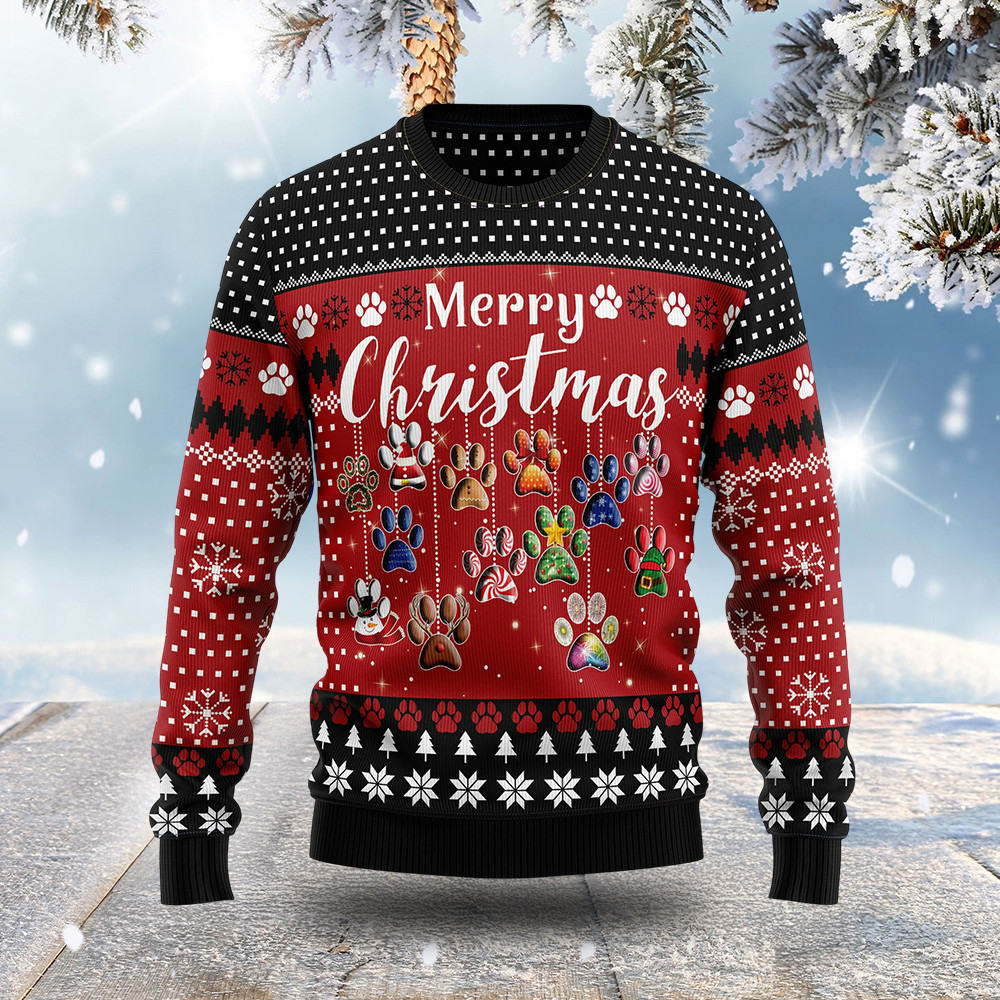 Pet Paws Merry Christmas Ugly Sweater Animal Design Christmas Gifts For Pet Owners