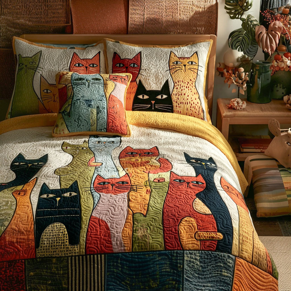 Petal Cat Quilted Bedding Set Beautiful Printed Bedding Set for Home Aesthetics
