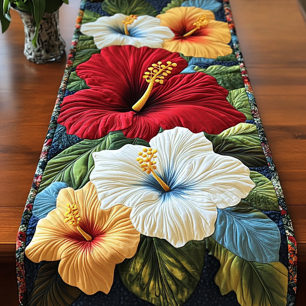 Petal Dance Quilted Table Runner Hibiscus Table Runner Gift For Coworker