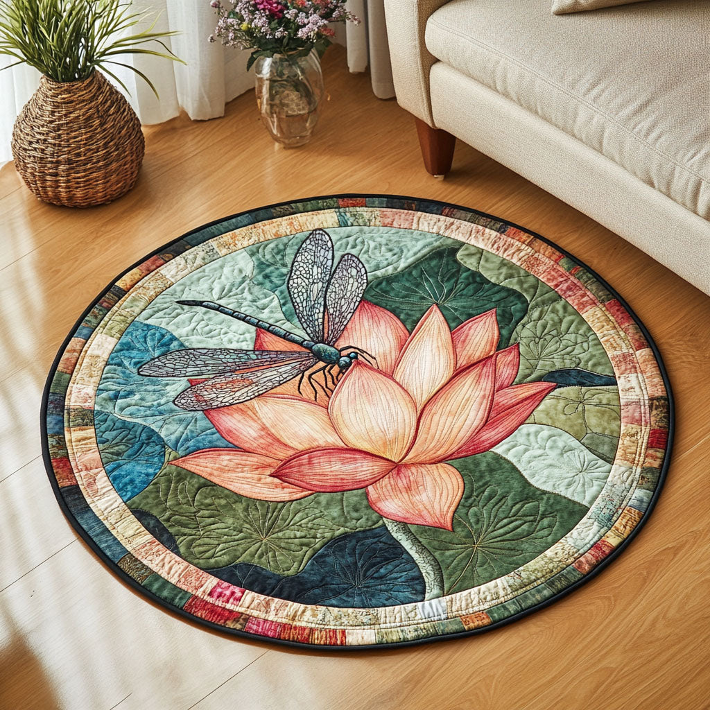 Petal Harmony Quilted Round Mat Entryway Decor Gift For Someone Who Loves Dragonflies