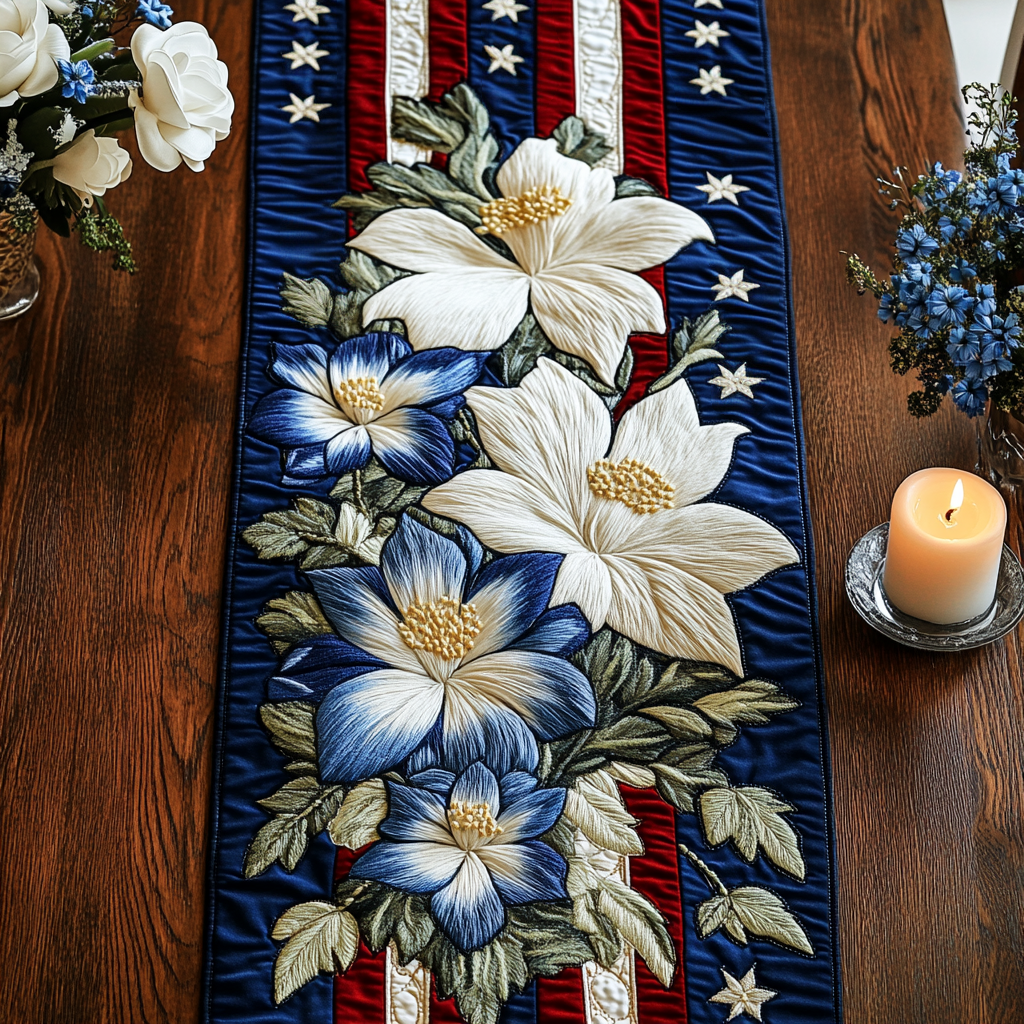 Petal Paradise Quilted Table Runner Dinner Table Decor Ideas Patriotic Gifts For Men
