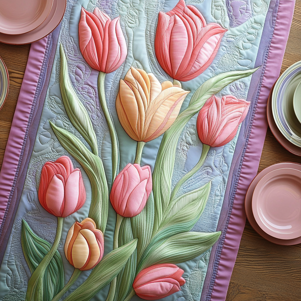 Petal Perfection Quilted Table Runner Dining Decor Tulip Themed Gifts For Adults