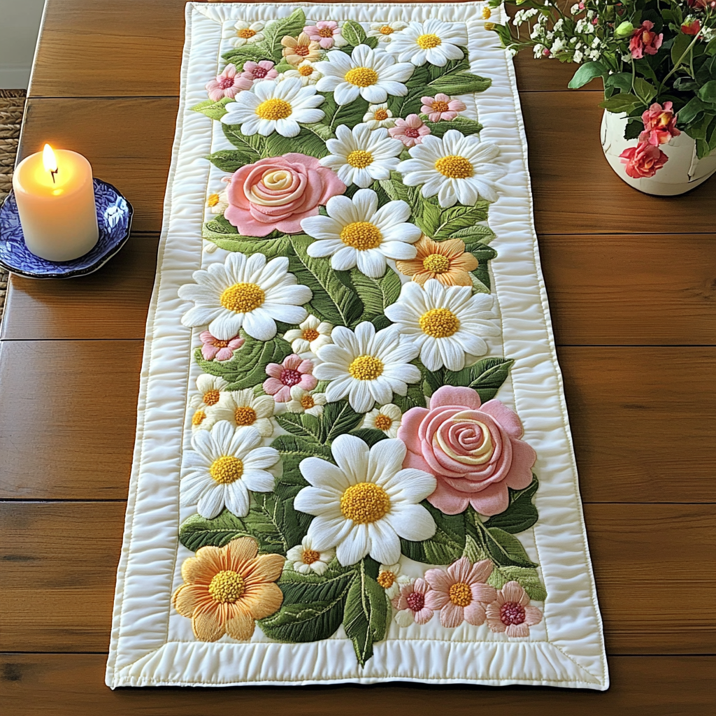 Petal Serenity Quilted Table Runner Kitchen Table Decor Ideas Flower Daisy Presents Gifts