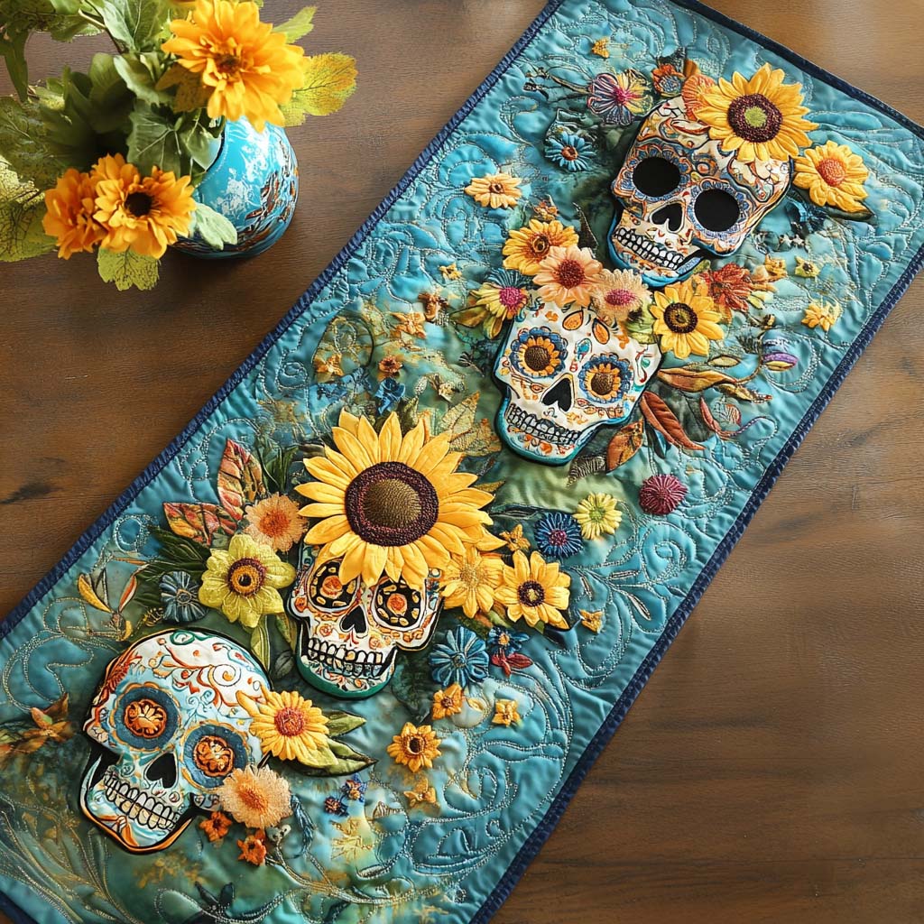 Petal Skull Quilted Table Runner Dia De Los Muertos Table Runner Great Family Gifts