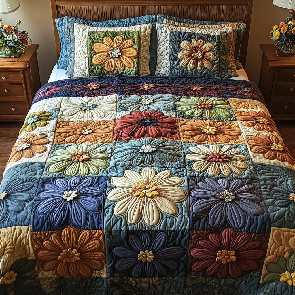 Petal Squares Quilted Bedding Set Best Bed Sheet Set Flower Daisy Gift Items