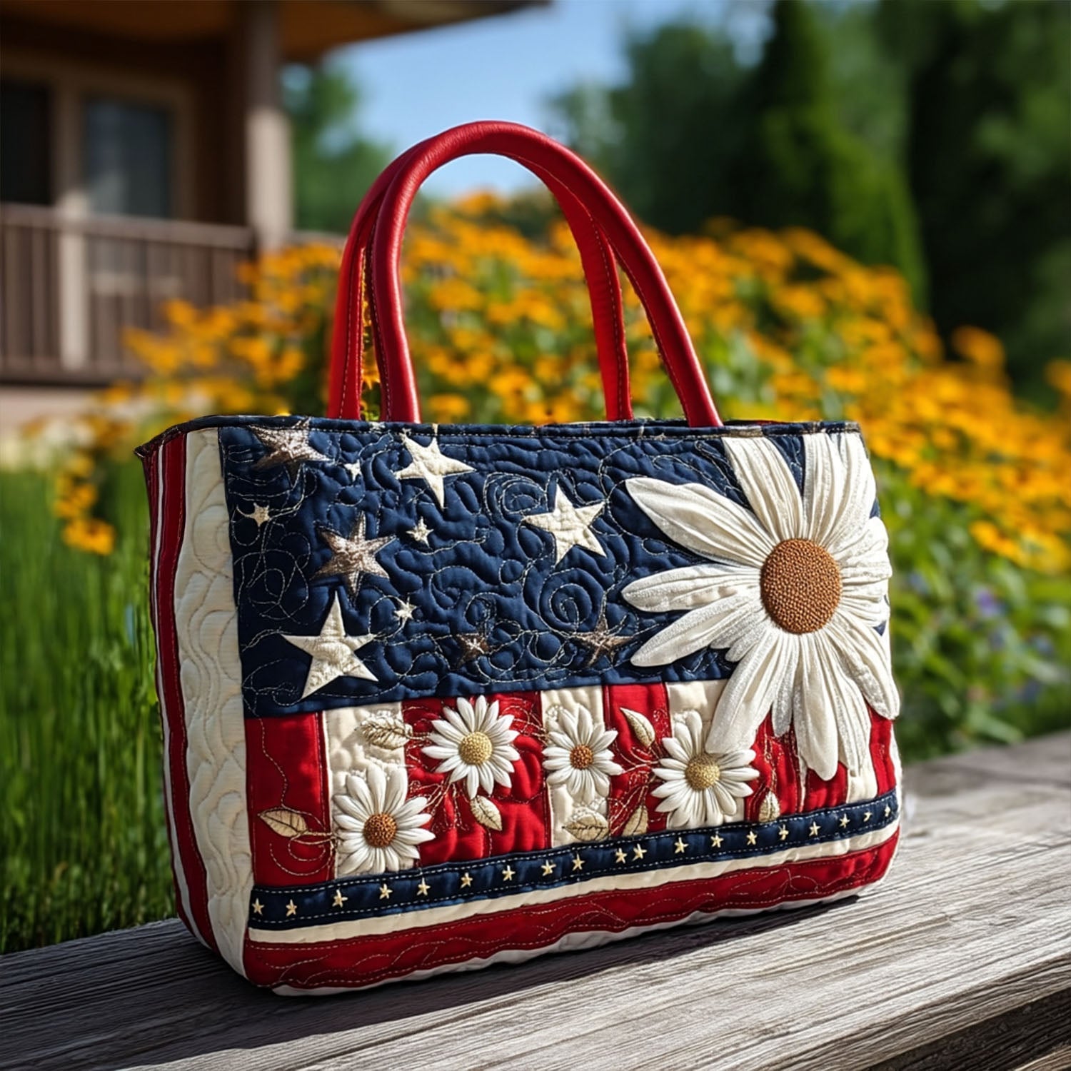 Petals Over America Quilted Tote Bag Flower Daisy Birthday Gifts