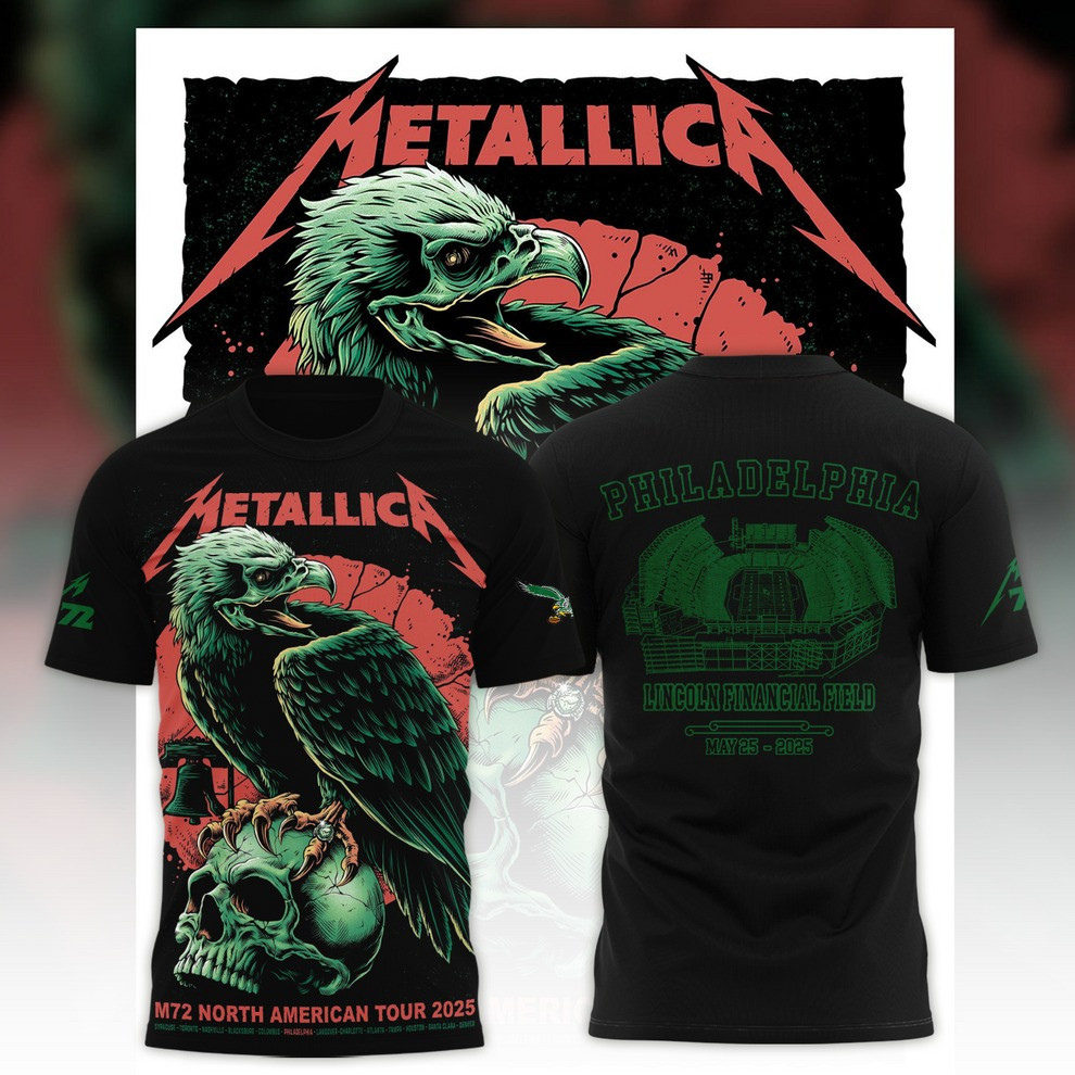 Philadelphia Eagles Metallica M72 World Tour 2025 Merch T-Shirt Raven Skull Fan Gear Gifts