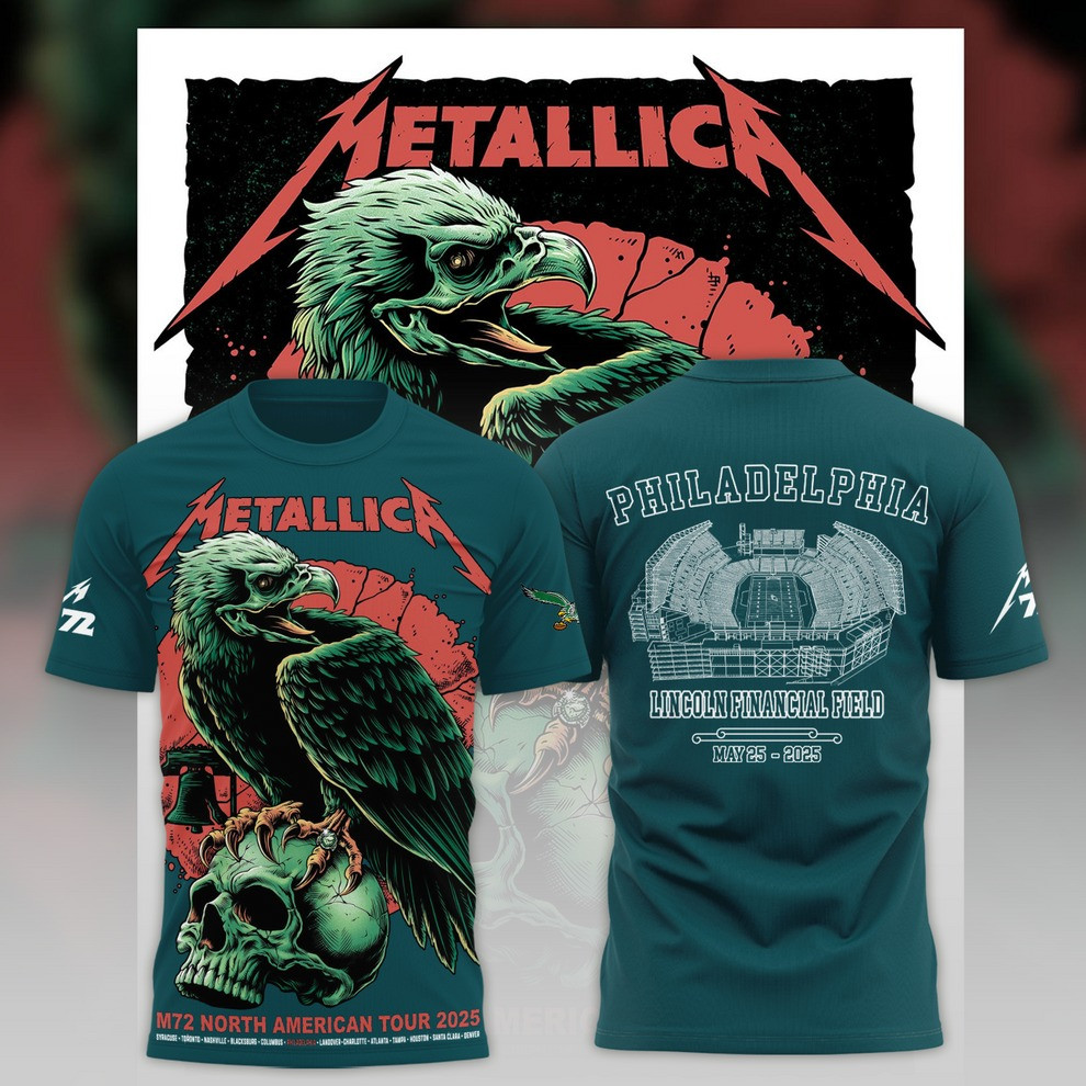 Philadelphia Eagles Metallica M72 World Tour 2025 Merch T-Shirt Raven Skull Fan Gift Ideas