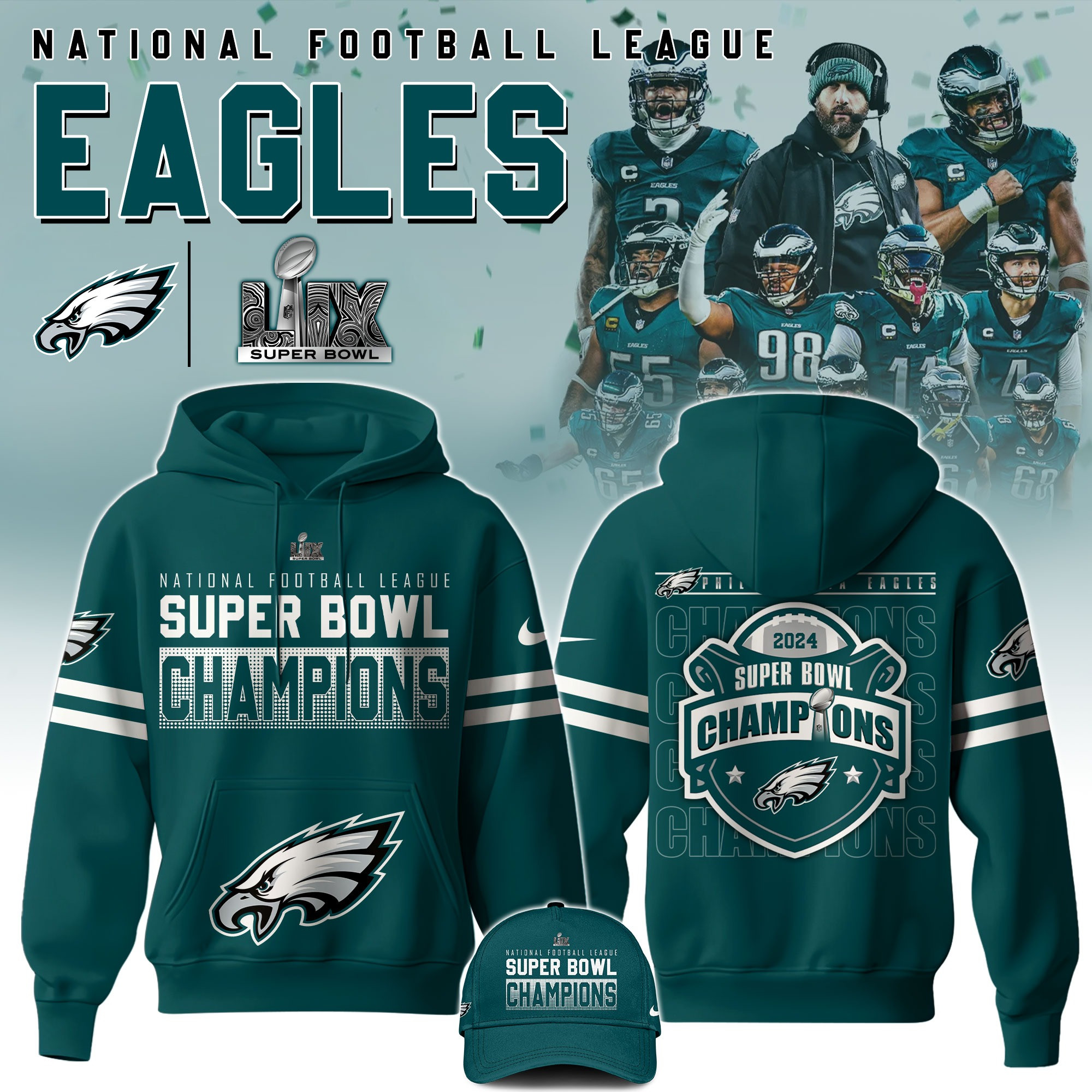 Philadelphia Eagles National Super Bowl Champions Hoodie And Hat Eagles Football Fan Merch