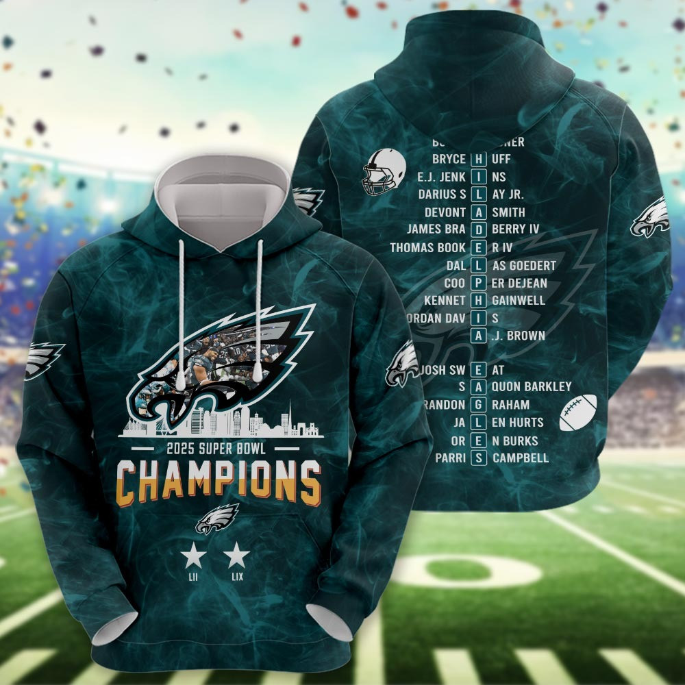 Philadelphia Eagles Super Bowl Champions Hoodie 2025 Eagles Super Bowl Apparel For Fans