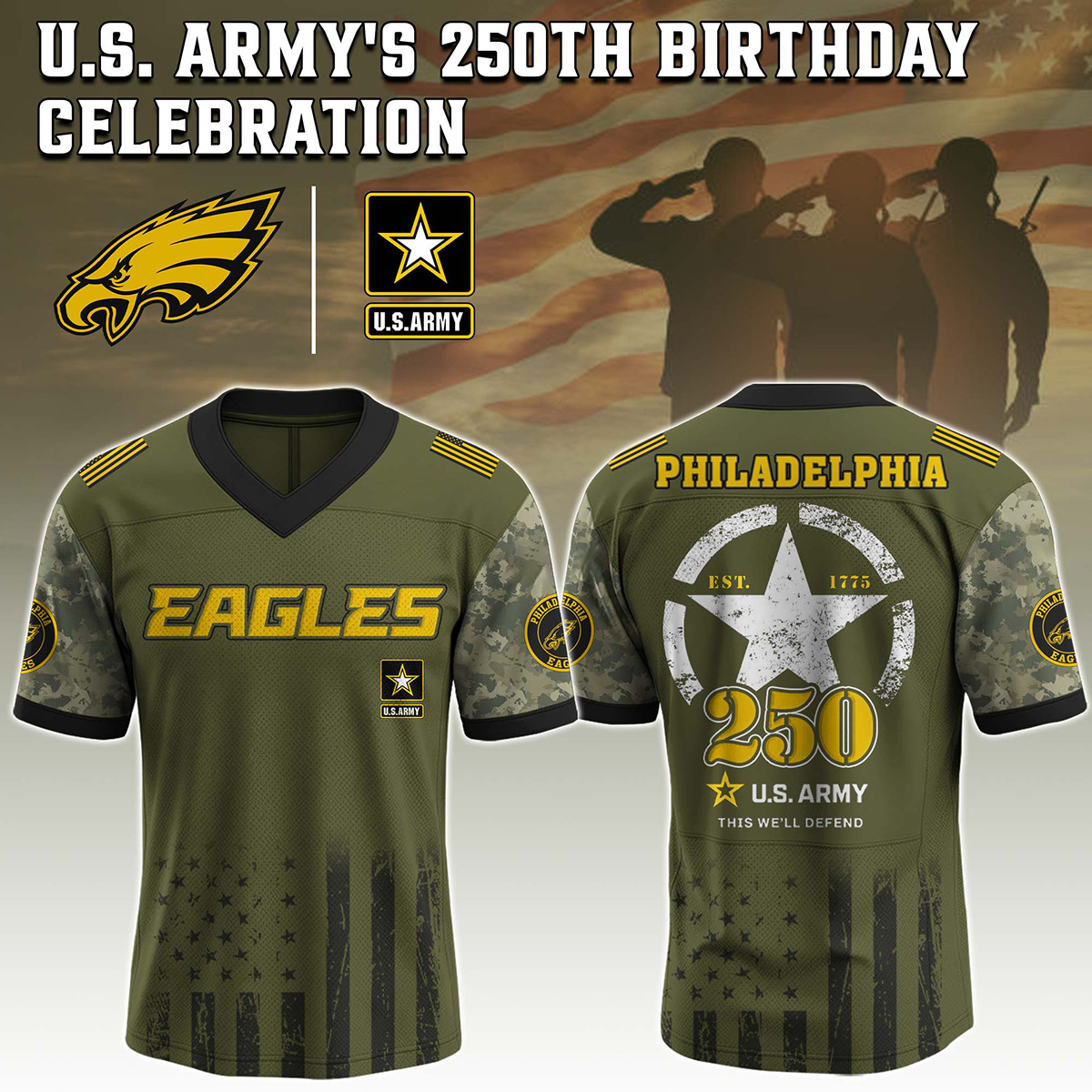 Philadelphia Eagles US Army 250th Football Jersey V-Neck Gift For Eagles Fans