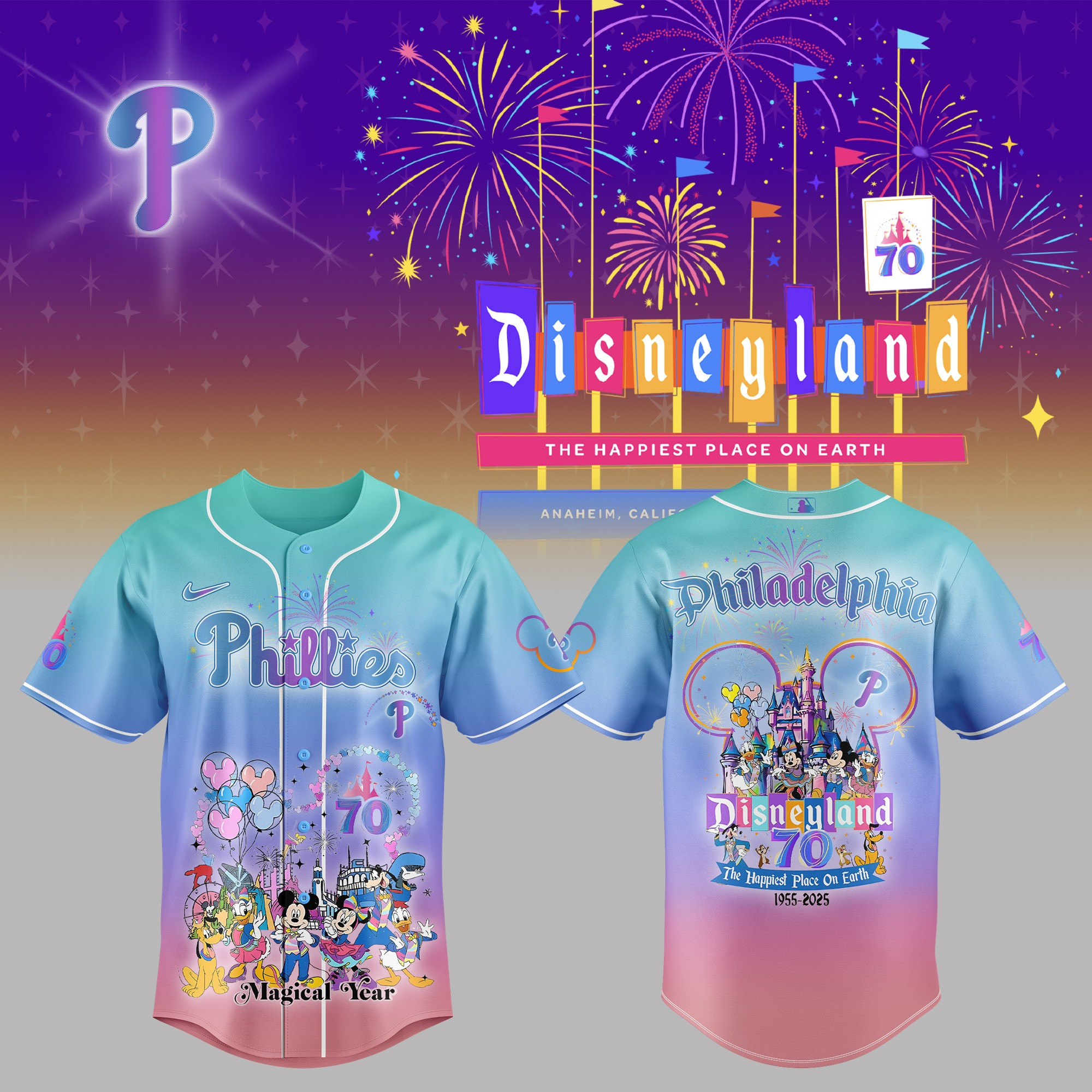 Philadelphia Phillies Celebrating Disneyland's 70th Jersey MLB Merch Best Gift For Sport Fans