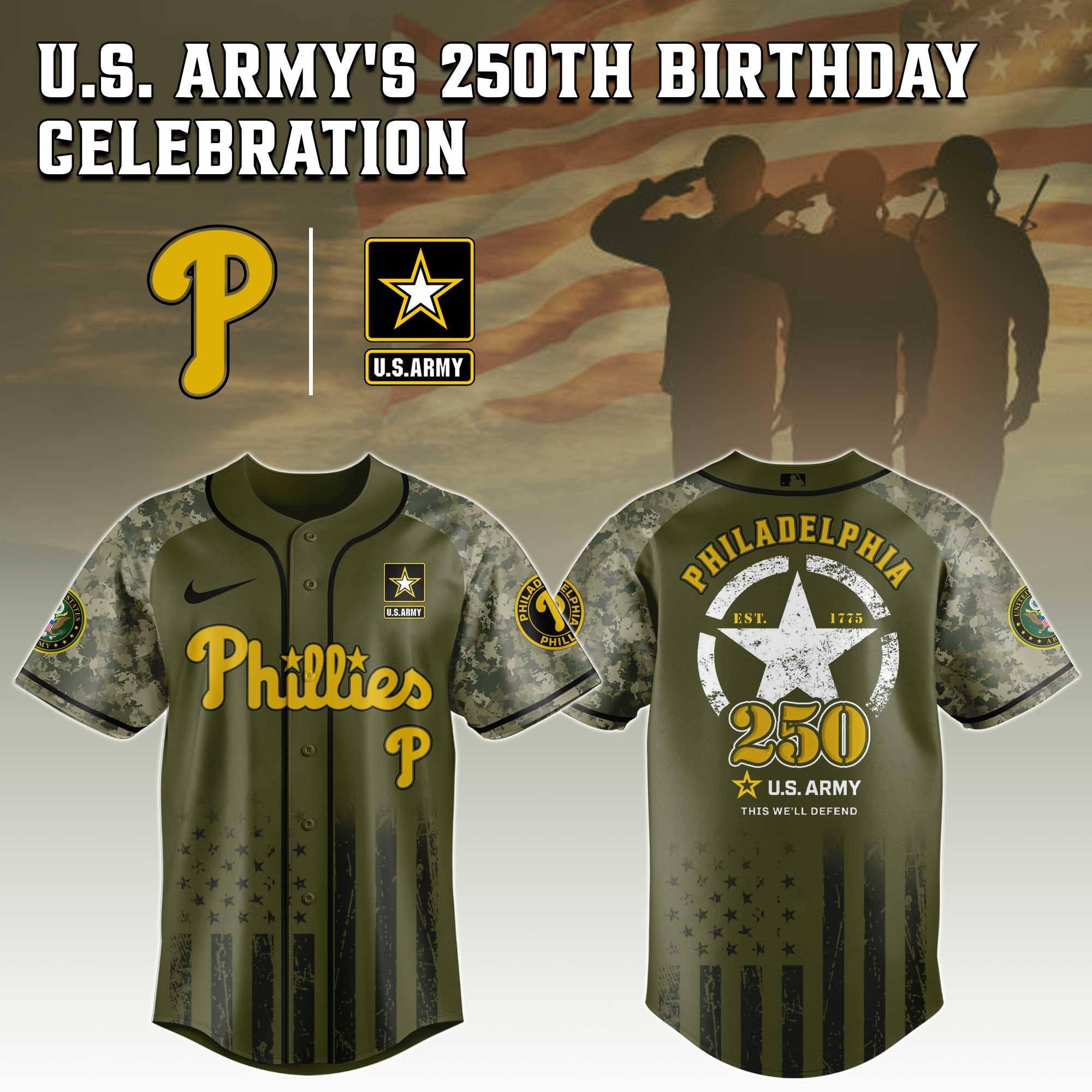 Philadelphia Phillies MLB x US ARMY'S 250th Birthday Jersey Presents For Baseball Fans