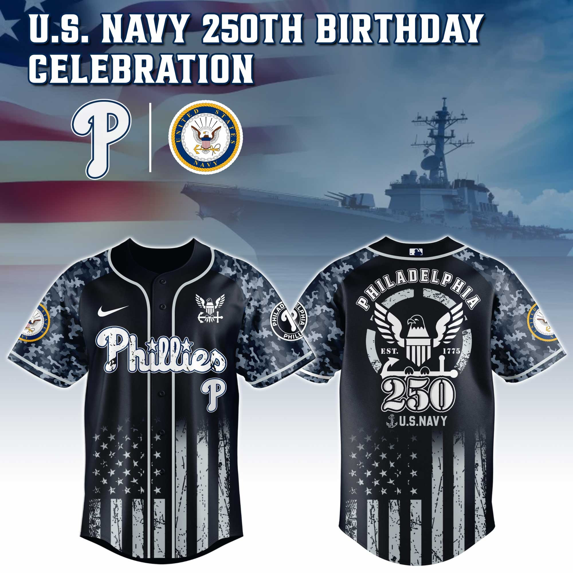 Philadelphia Phillies MLB x US NAVY 250th Birthday Jersey Baseball Enthusiast Gifts