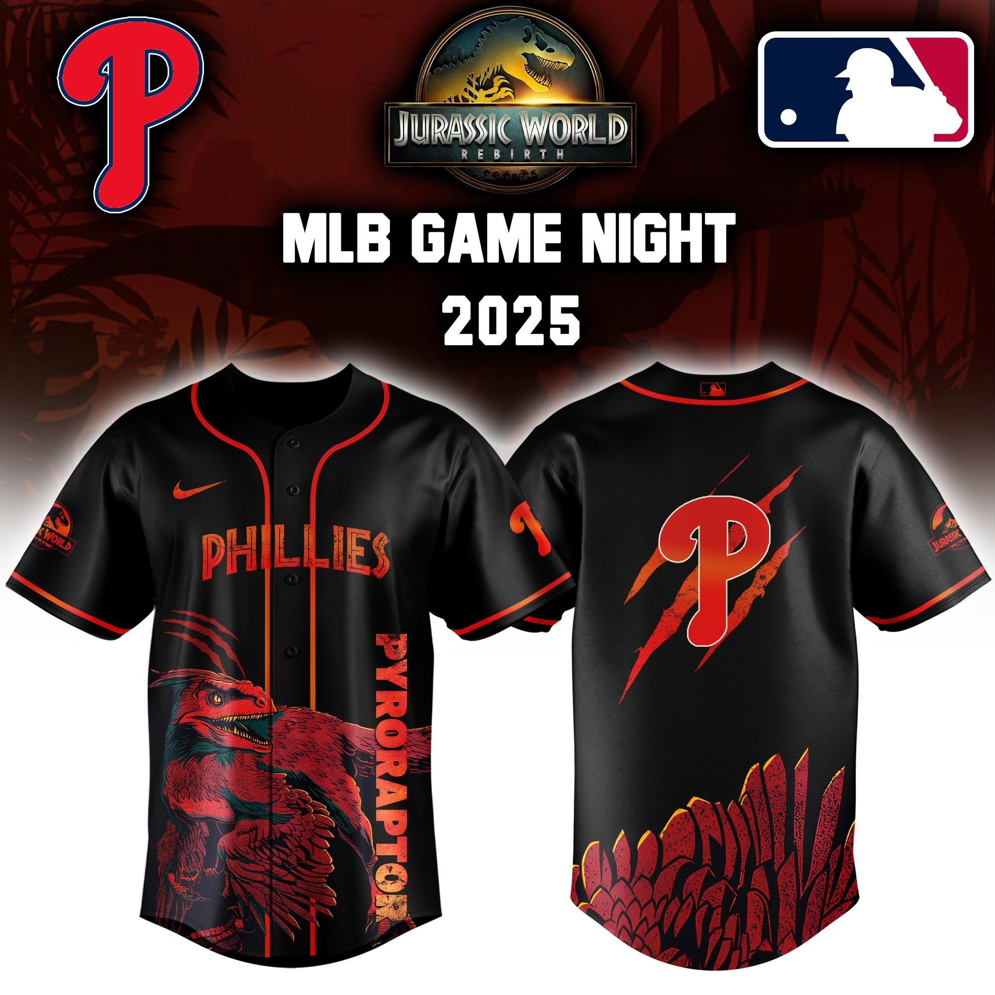 Philadelphia Phillies x Jurassic World Baseball Jersey Cool Gifts For Baseball Lovers