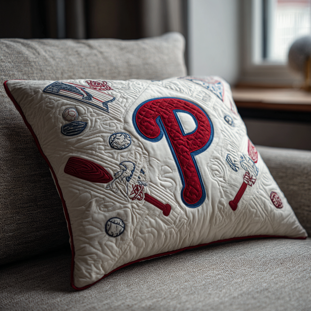 Phillies Baseball Quilted Pillow Case Handmade Cushion Cover Sports Fan Gift