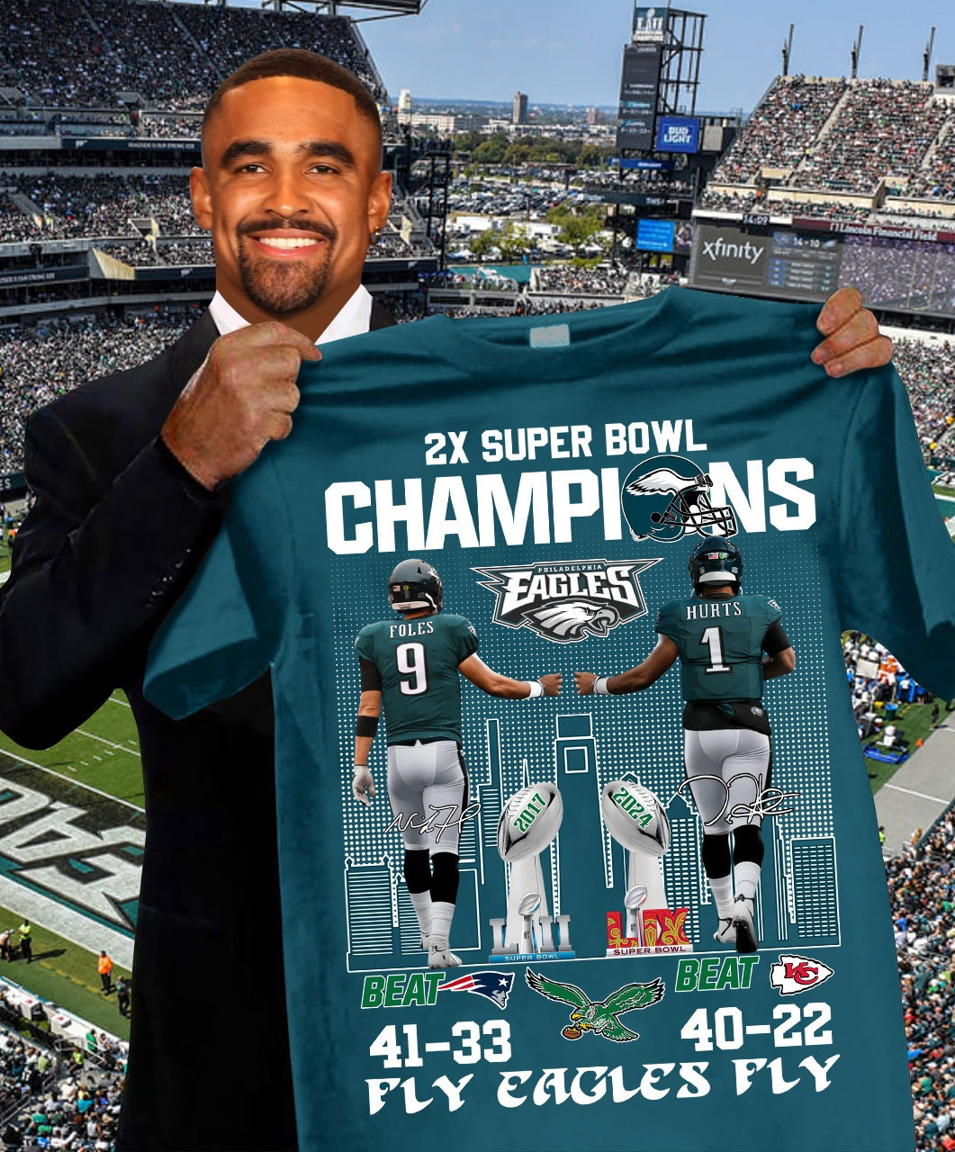 Philly Eagles 2X Super Bowl Champions Shirt 2025 Foles Hurts Fly Eagles Football Merch