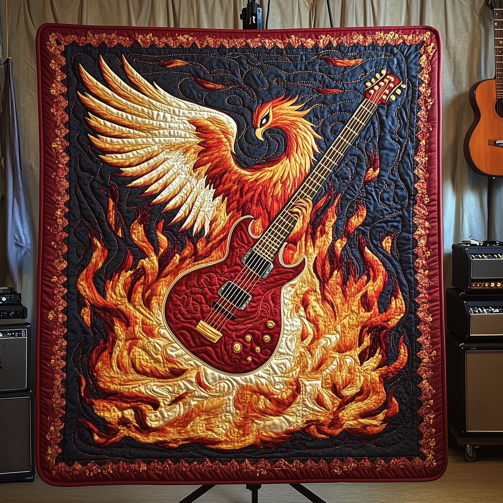 Phoenix Guitar Quilted Blanket Cute Soft BlanketUnusual Gifts For Guitar Players
