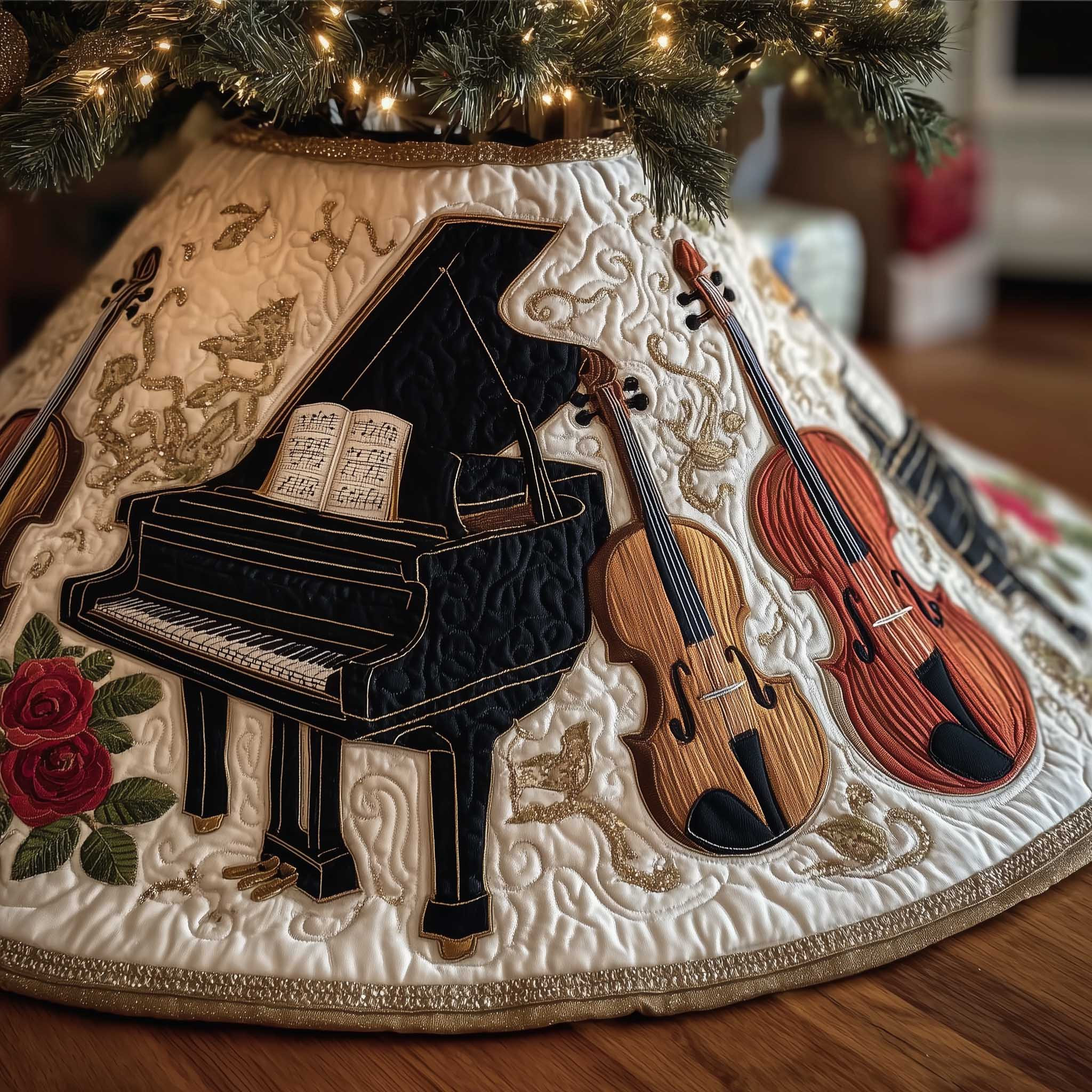 Piano Notes Quilted Tree Skirt Unique Home Decor Christmas Gifts For Music Lover