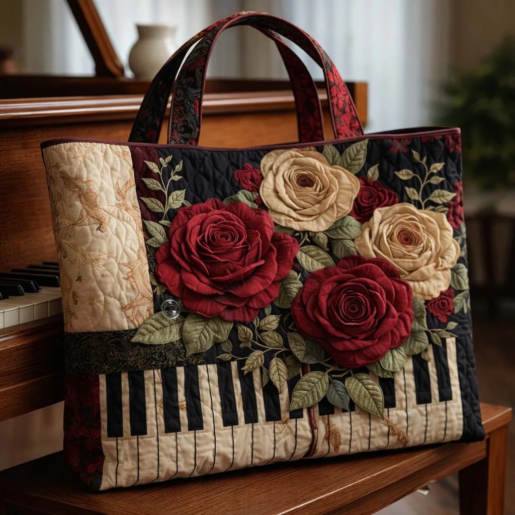 Piano Rose Garden Floral Quilted Tote Bag Music Lover Romantic Botanical Outdoor Nature Gift For Her
