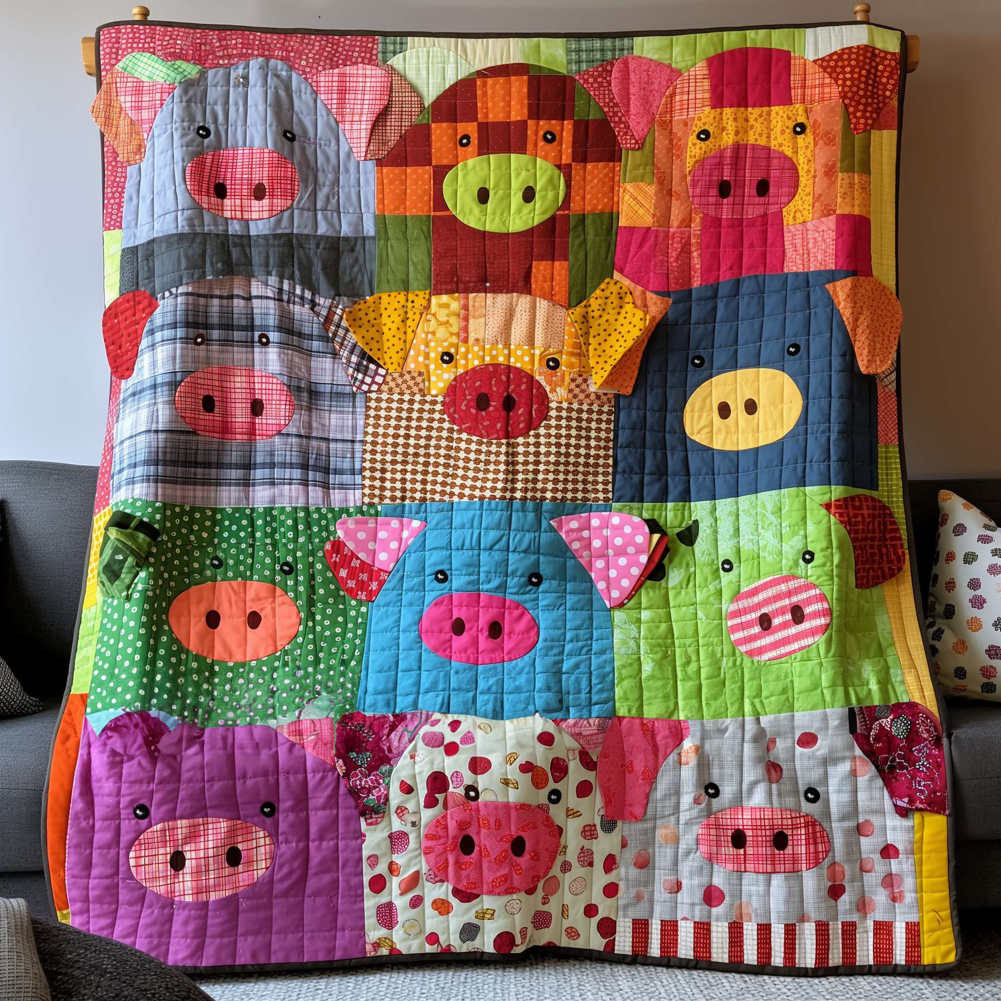 Pig in Technicolor Quilted Blanket Cute Christmas Blankets