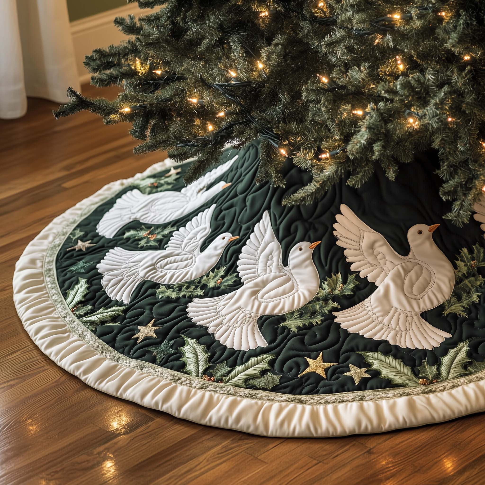 Pigeon Snow Dove Quilted Tree Skirt Trending Home Decor 2025 Pigeon Lover Xmas Gifts