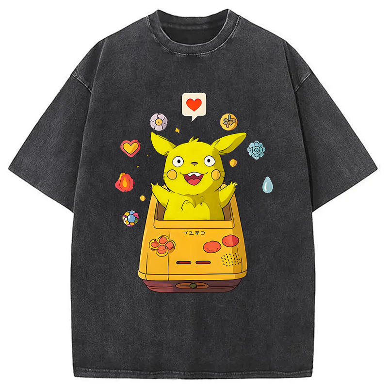 Pikachu Gameboy Washed T-Shirt Cool Graphic Tee For Men Women Gifts For Best Friend Pikachu Gameboy Washed T-Shirt Cool Graphic Tee For Men Women Gifts For Best Friend