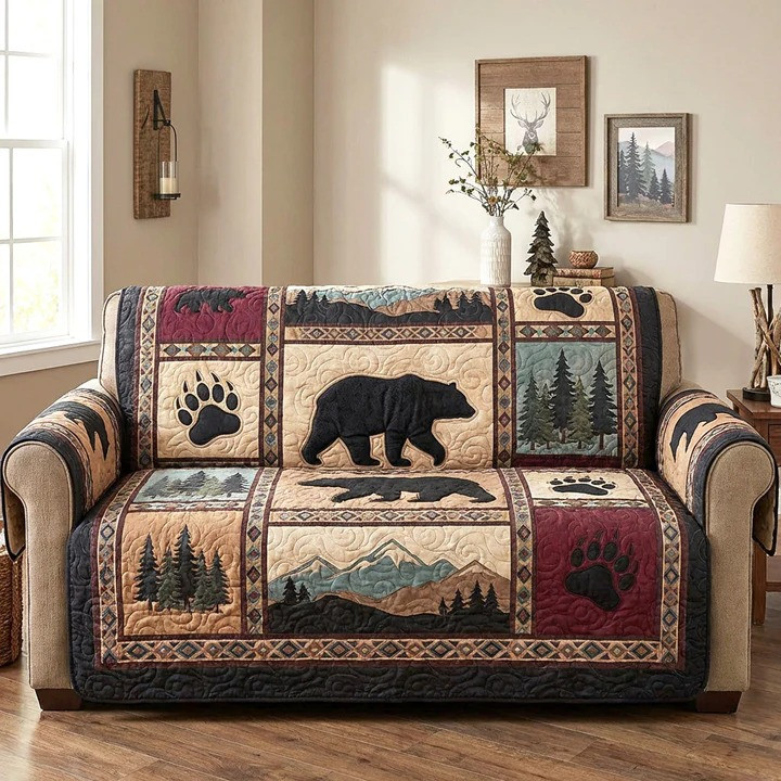 Pine Bear Quilted Sofa Cover Rustic Wildlife Forest Furniture Protector Best Gift For Bear Lovers