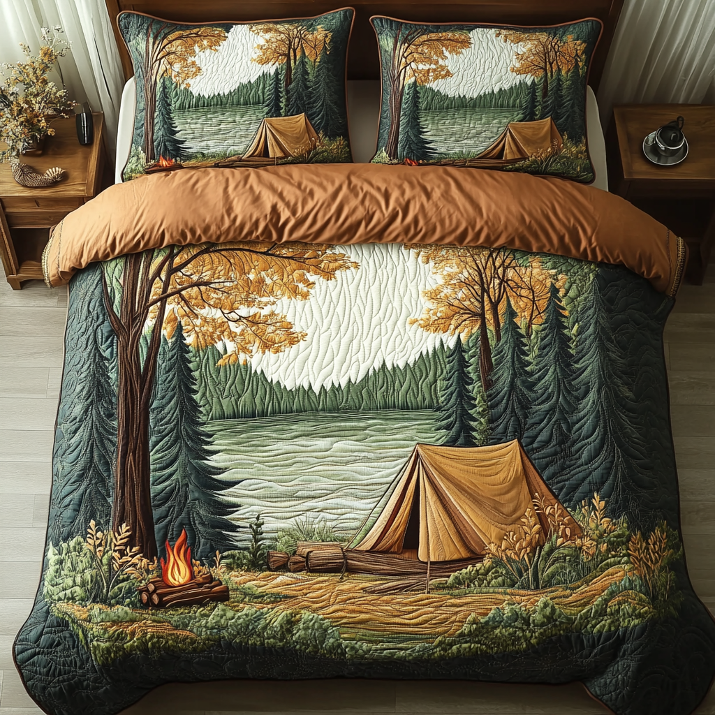 Pine Escape Quilted Bedding Set Cute Room Decor Unique Camping Themed Gifts