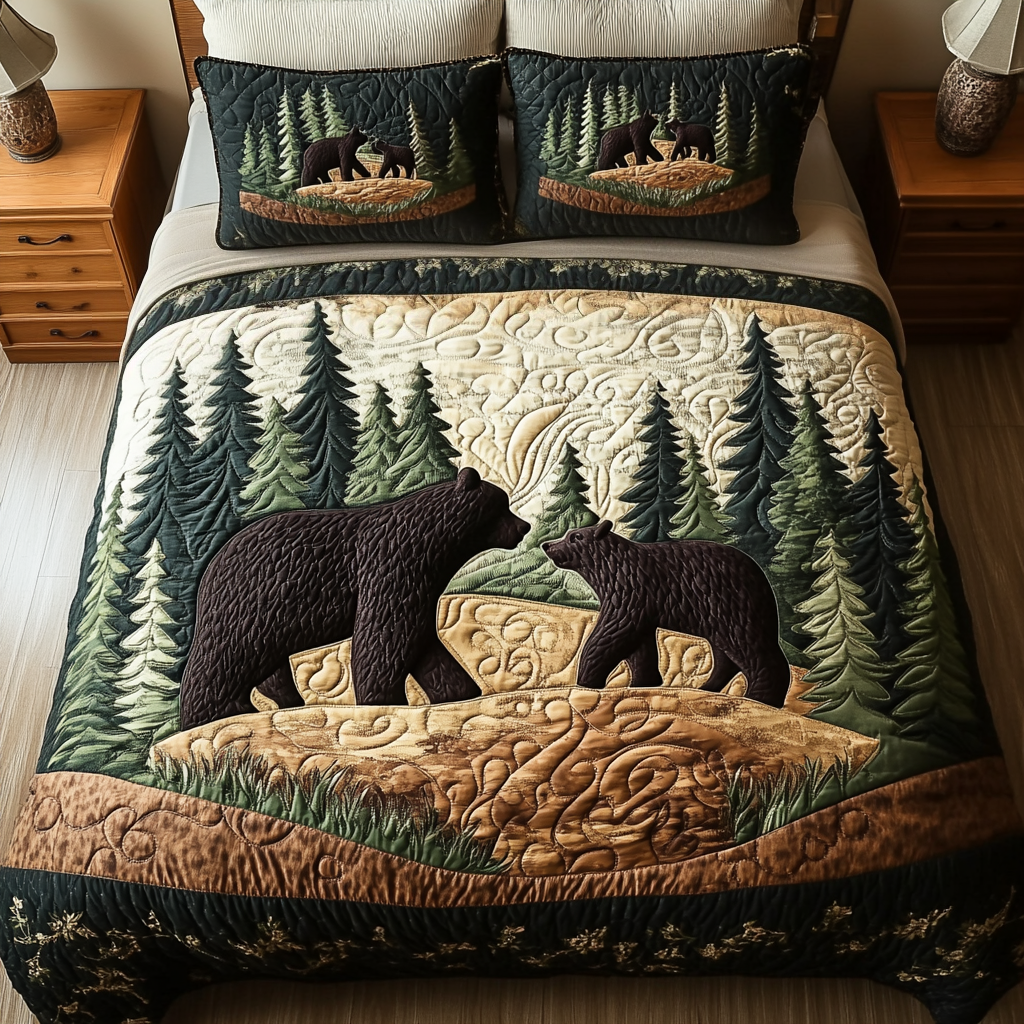 Pine Slumber Quilted Bedding Set Cozy Bedroom Decor Cute Bear Gift Ideas