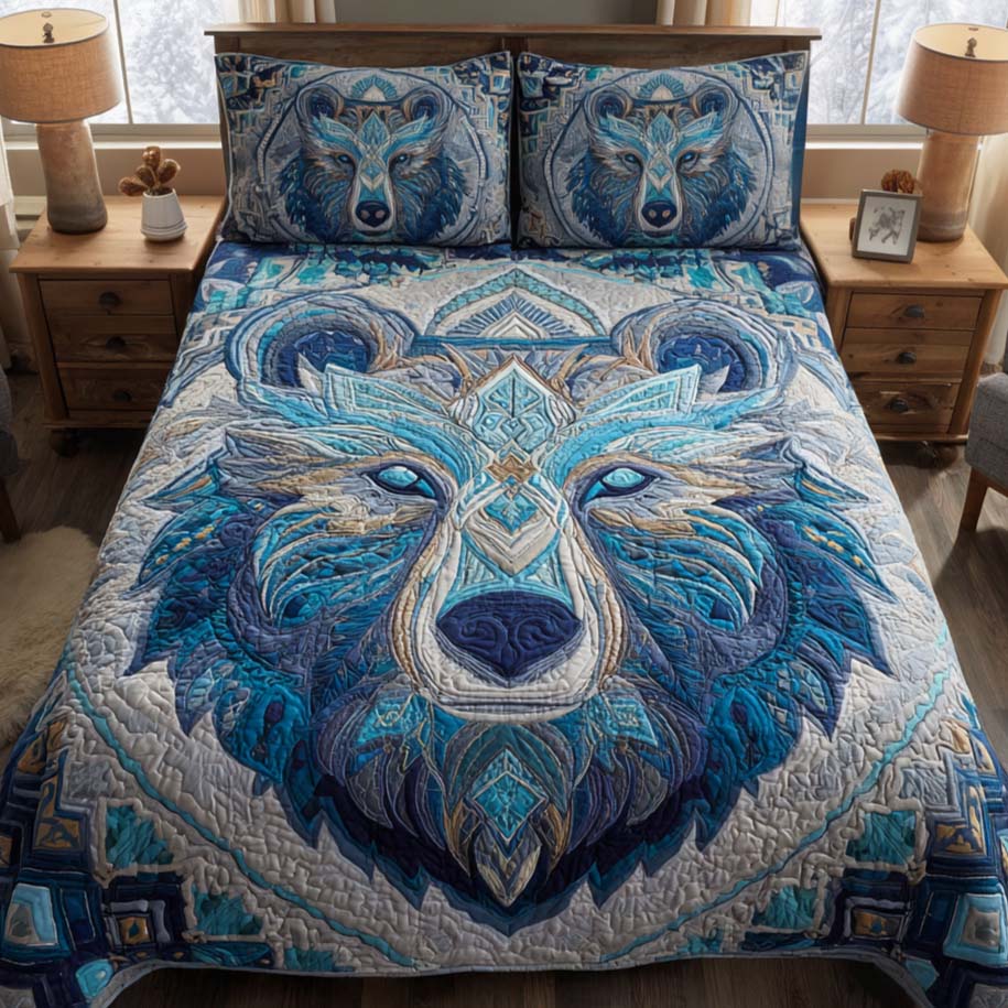 Pine Stalker Quilted Bedding Set Cute Room Decor Bear Gifts For Men