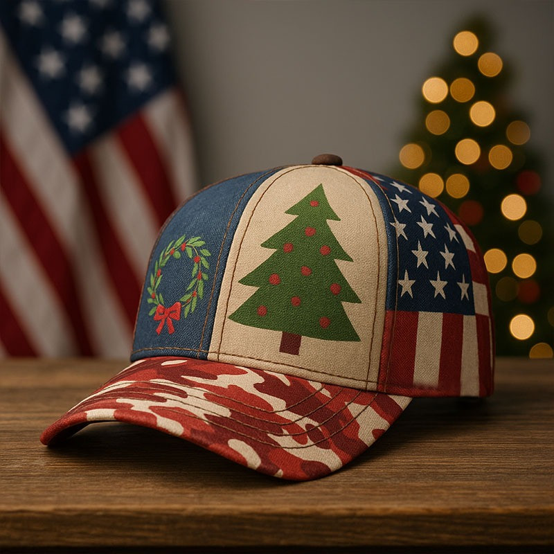 Pine Tree And Wreath Patriotic Christmas Hat American Flag Holiday Military Cap Xmas Gifts