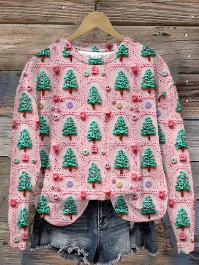 Pine Tree Christmas Sweatshirt Festive Button Detail Cozy Holiday Sweatshirt For Girlfriend