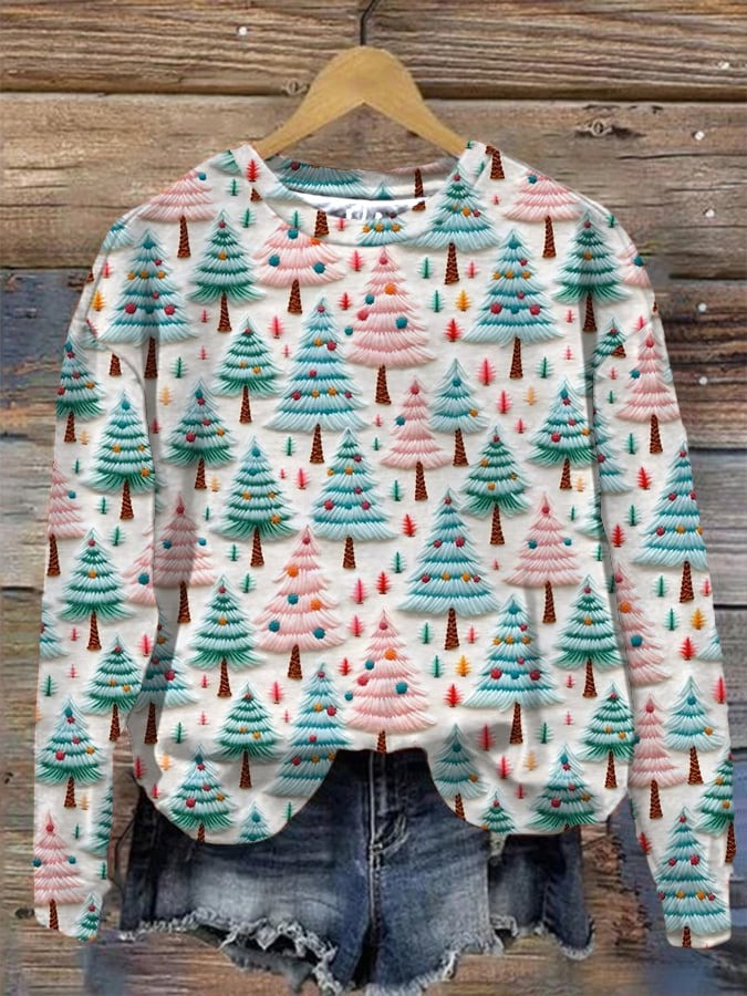 Pine Tree Christmas Sweatshirt Soft Pink And Teal Tree Cozy Festive Winter Clothes Gifts