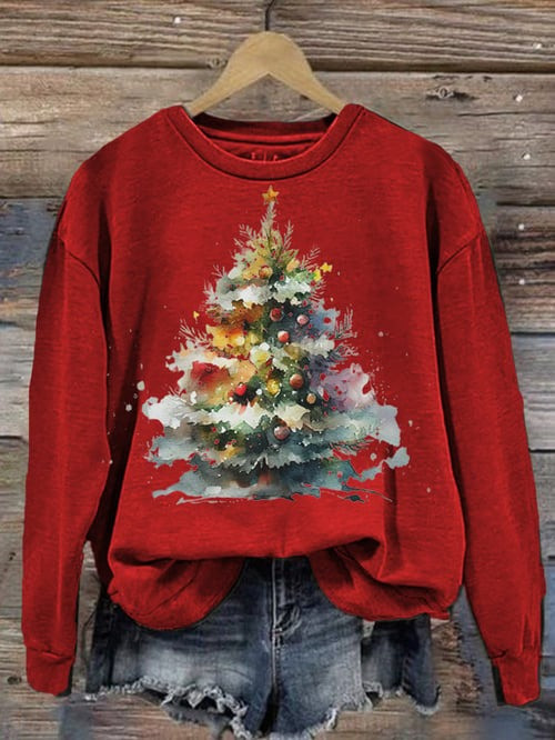 Pine Tree Christmas Sweatshirt Watercolor Tree Festive Holiday With Bells Cozy Clothes Gifts