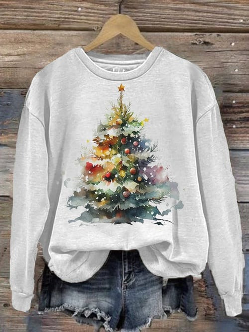 Pine Tree Christmas Sweatshirt Watercolor Tree Festive Holiday With Bells Cozy Clothes Gifts