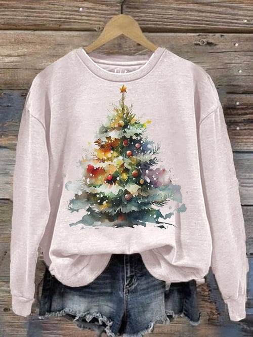 Pine Tree Christmas Sweatshirt Watercolor Tree Festive Holiday With Bells Cozy Clothes Gifts