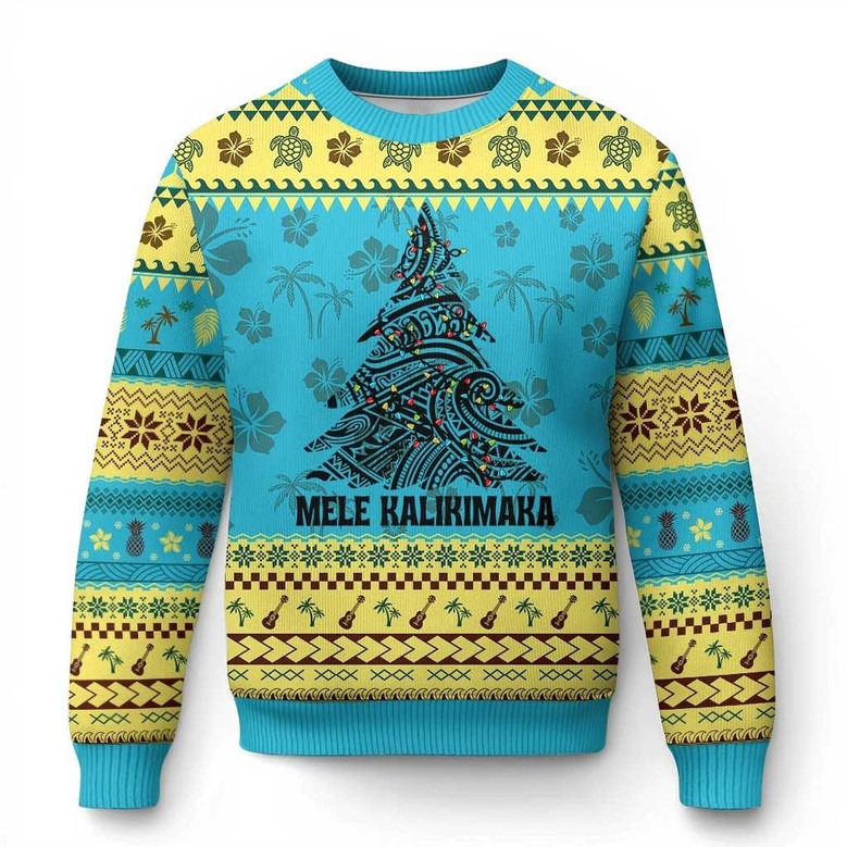 Pine Tree Kakau Tattoo Mele Kalikimaka Ugly Christmas Sweater Tropical Jumper Funny Gifts