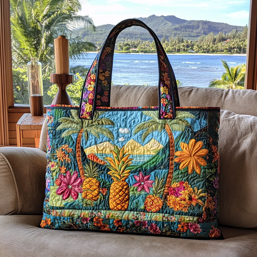 Pineapple Sunset Quilted Tote Bag Themed Gifts For Ocean Lovers