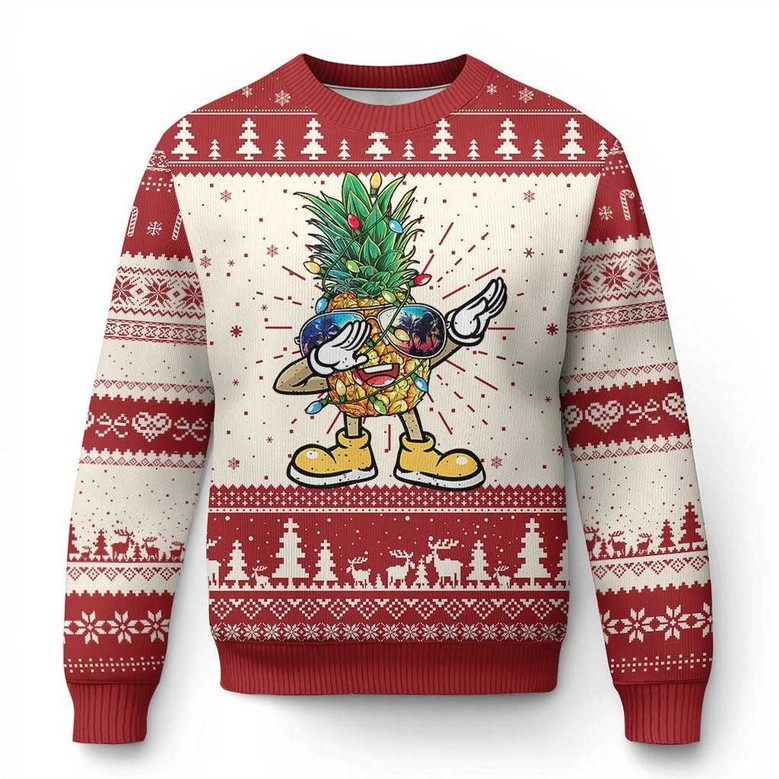 Pineapple With String Lights Ugly Christmas Jumper Funny Holiday Merch For Hawaii Vacation