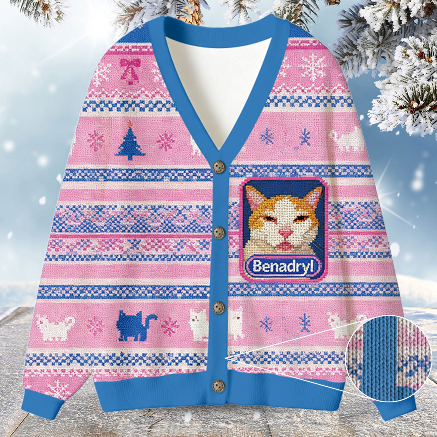 Pink Benadryl Meme Cat Christmas Ugly Cardigan Cute Xmas Clothes Cat Xmas Gifts