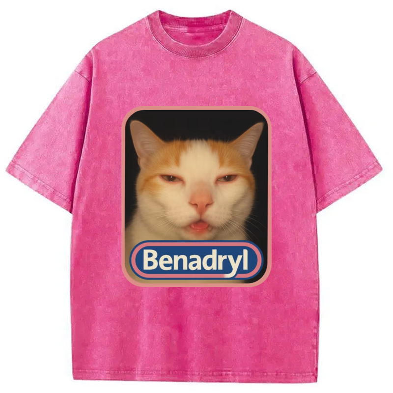 Pink Benadryl Meme Cat Washed T-Shirt Funny Aesthetic Trendy Apparel Gifts For Besties