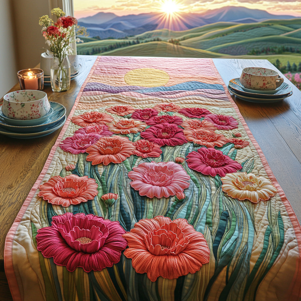 Pink Bliss Quilted Table Runner Holiday Runner Dining Gifts For The Flower Lover