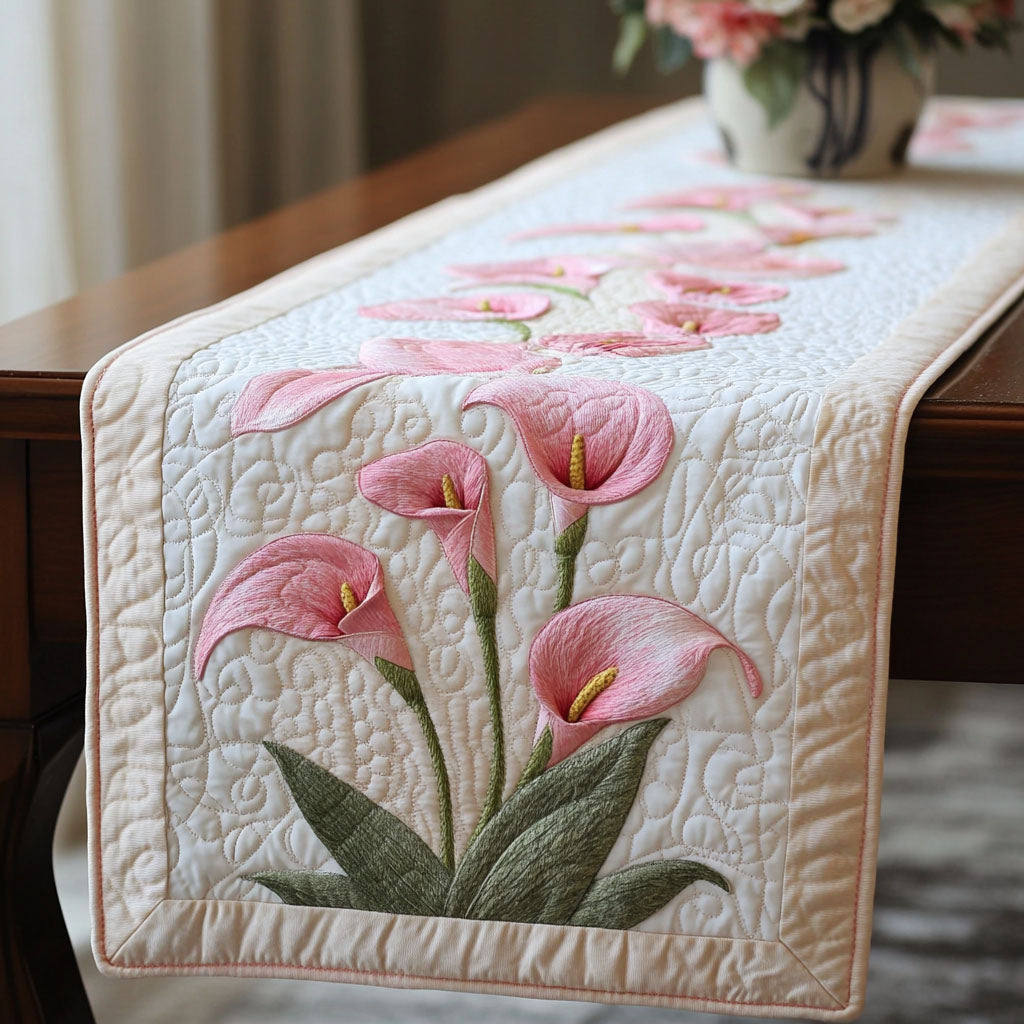 Pink Calla Bloom Quilted Table Runner Dining Room Decor Lily Gifts For Mom