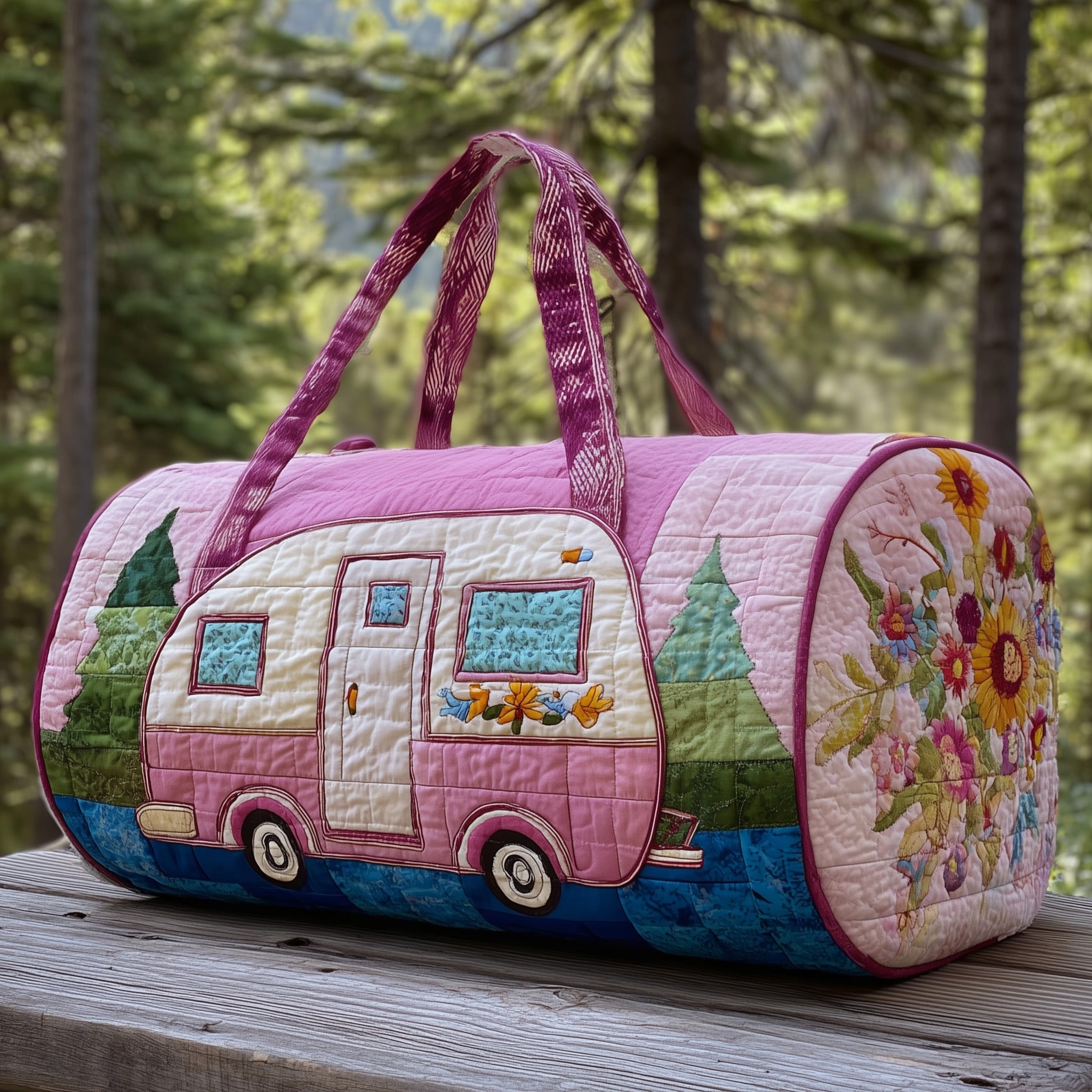 Pink Camping Trailer Quilted Duffle Bag Stylish And Practical